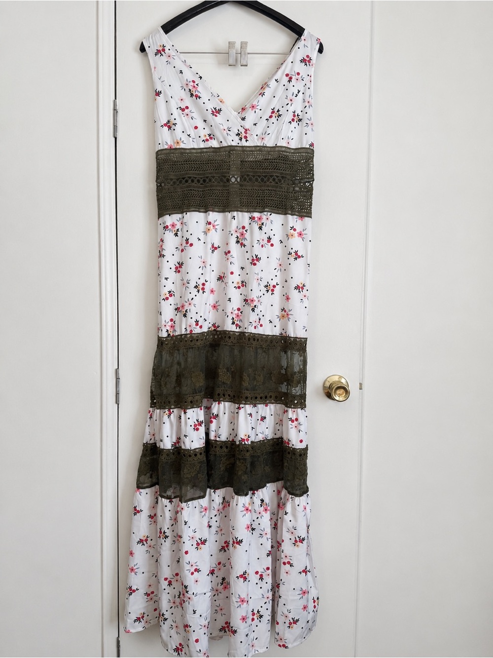 White Floral Maxi Dress with Olive Lace Trim